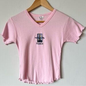 90’s Y2K Vintage Baby Tee Powder Pink Lettuce Trim Eiffel Tower Paris Shirt Sz S
